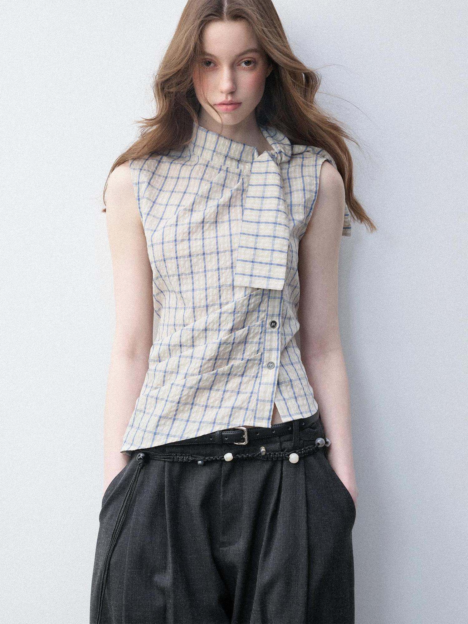 Luamoss Pure Cotton Plaid Halter Tie Women Regular Fit Single Button Shirts
