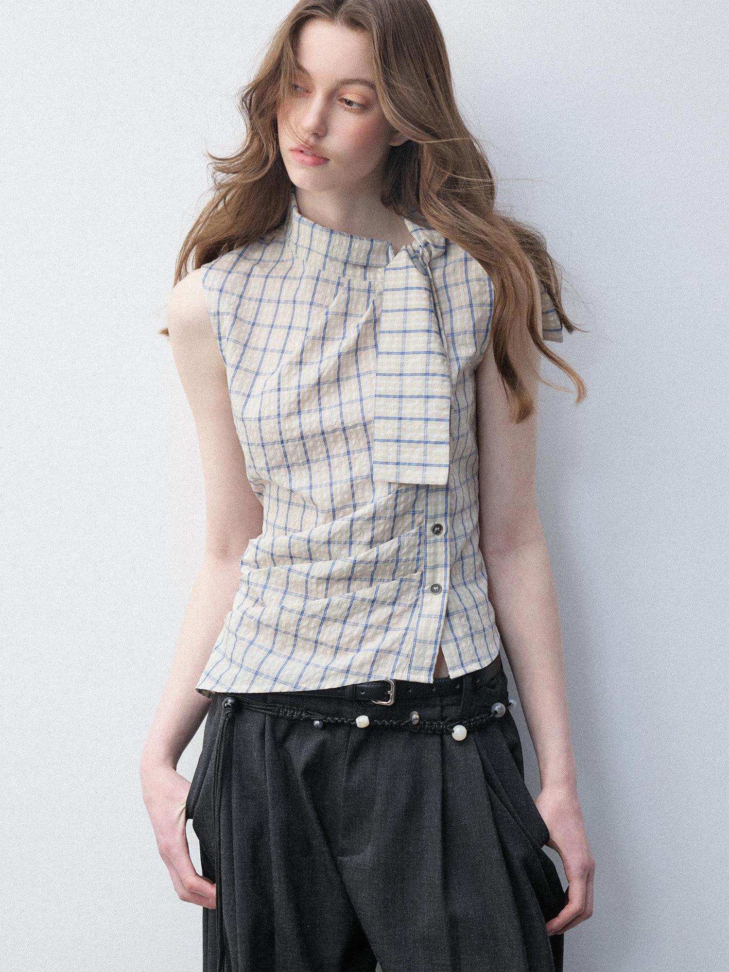Luamoss Pure Cotton Plaid Halter Tie Women Regular Fit Single Button Shirts