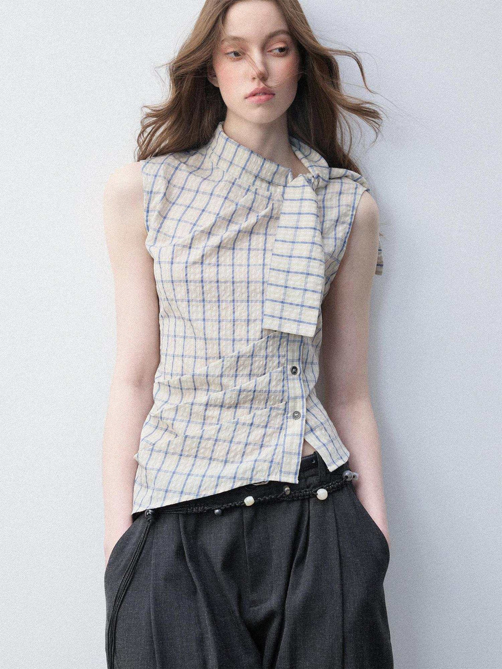 Luamoss Pure Cotton Plaid Halter Tie Women Regular Fit Single Button Shirts