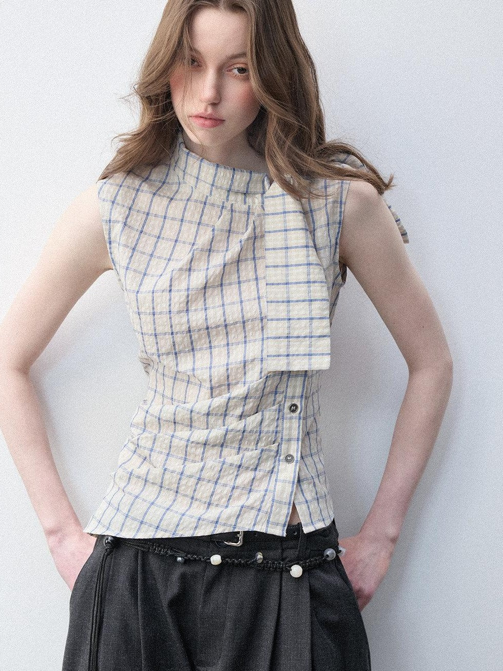 Luamoss Pure Cotton Plaid Halter Tie Women Regular Fit Single Button Shirts