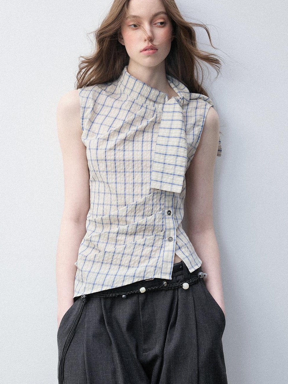 Luamoss Pure Cotton Plaid Halter Tie Women Regular Fit Single Button Shirts