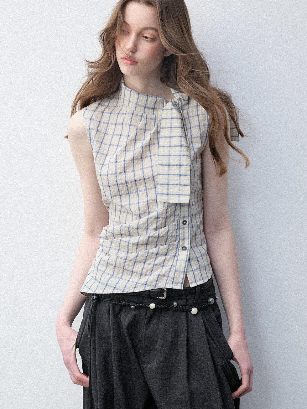 Luamoss Pure Cotton Plaid Halter Tie Women Regular Fit Single Button Shirts