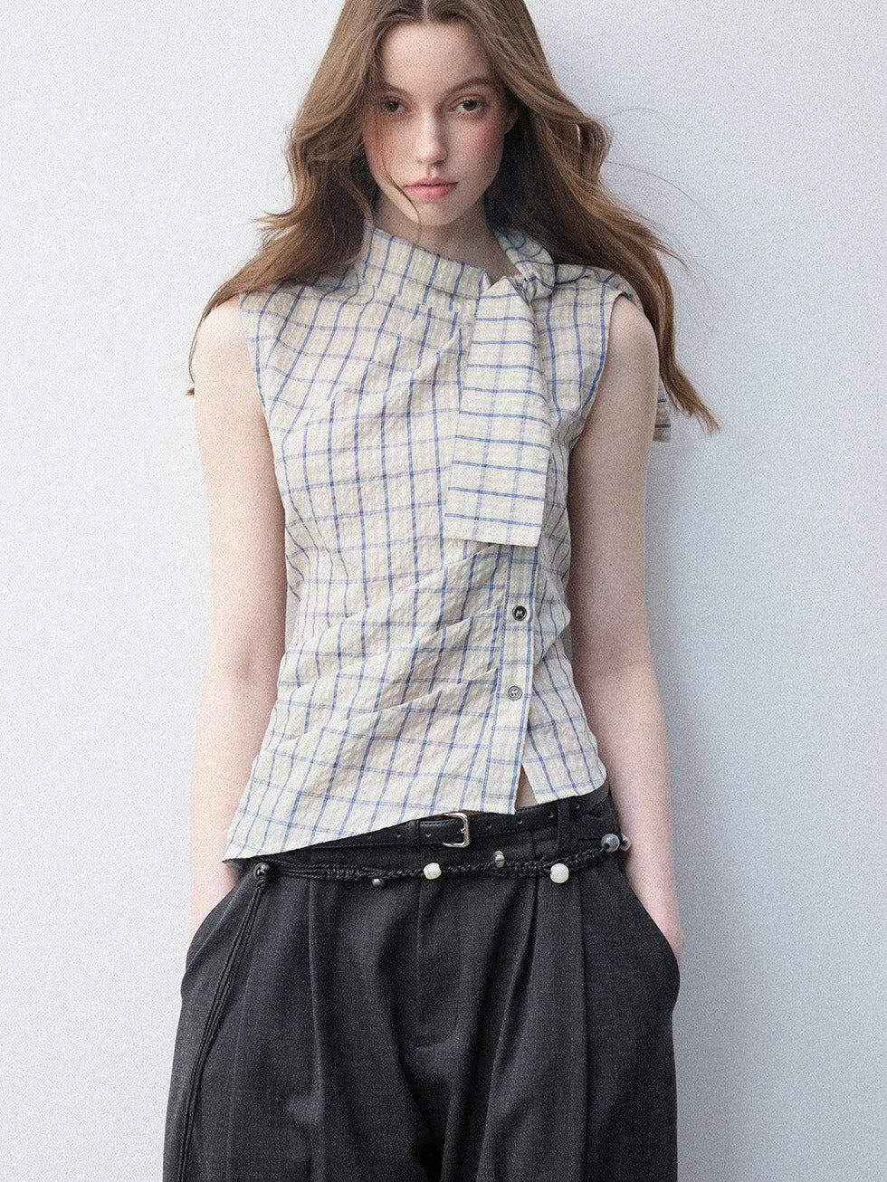 Luamoss Pure Cotton Plaid Halter Tie Women Regular Fit Single Button Shirts