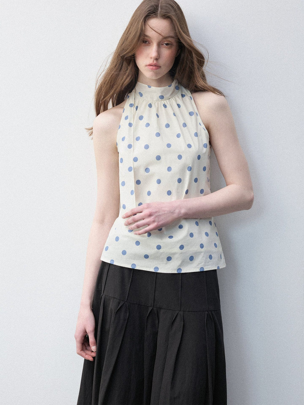 Luamoss_Pure_Cotton_Polka_Dot_Halter_High_Neck_No_Pad_Women_Off_White_Tank_Tops_MISSTT
