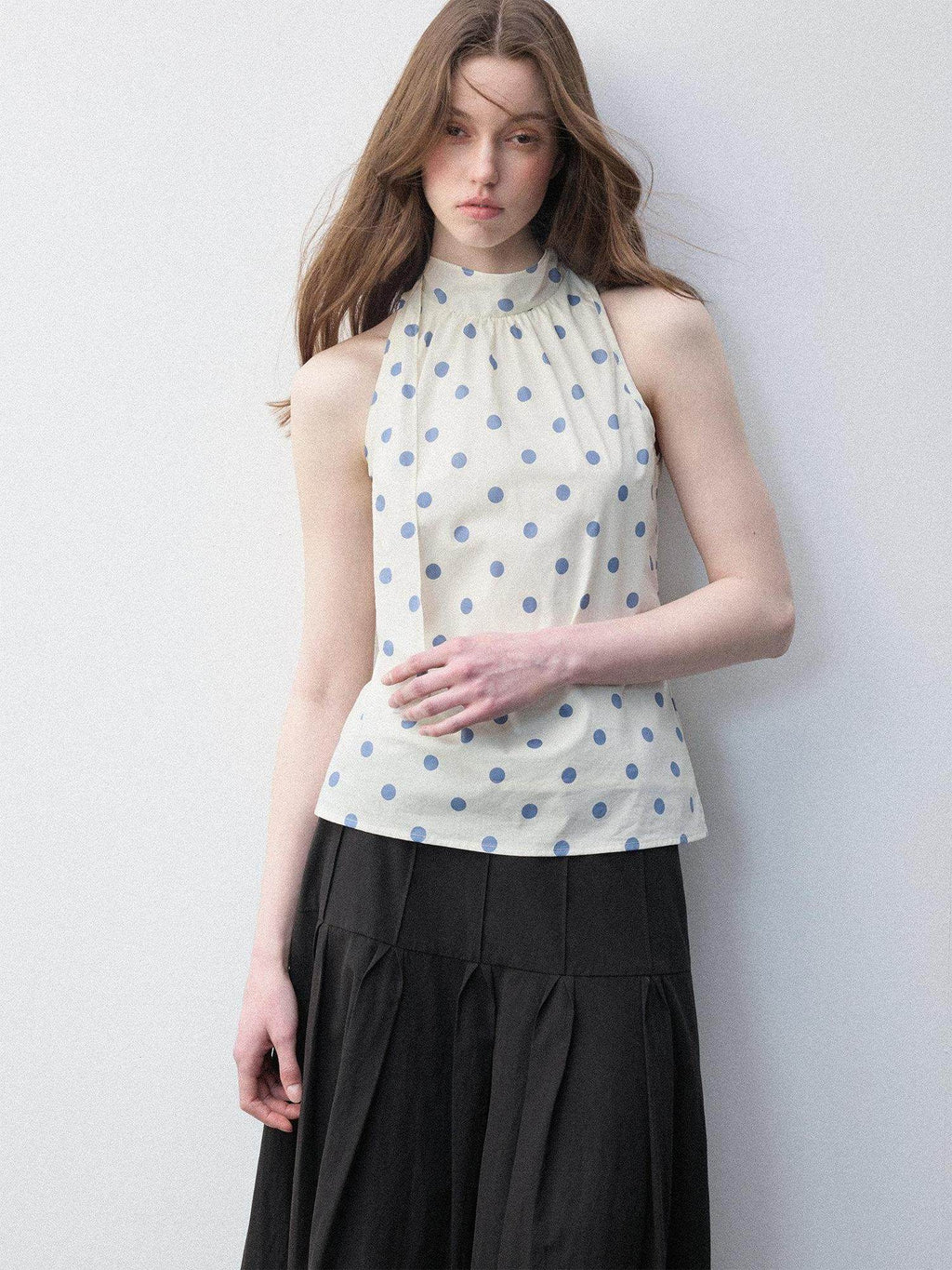 Luamoss Pure Cotton Polka Dot Halter High Neck No Pad Women Off White Tank Tops