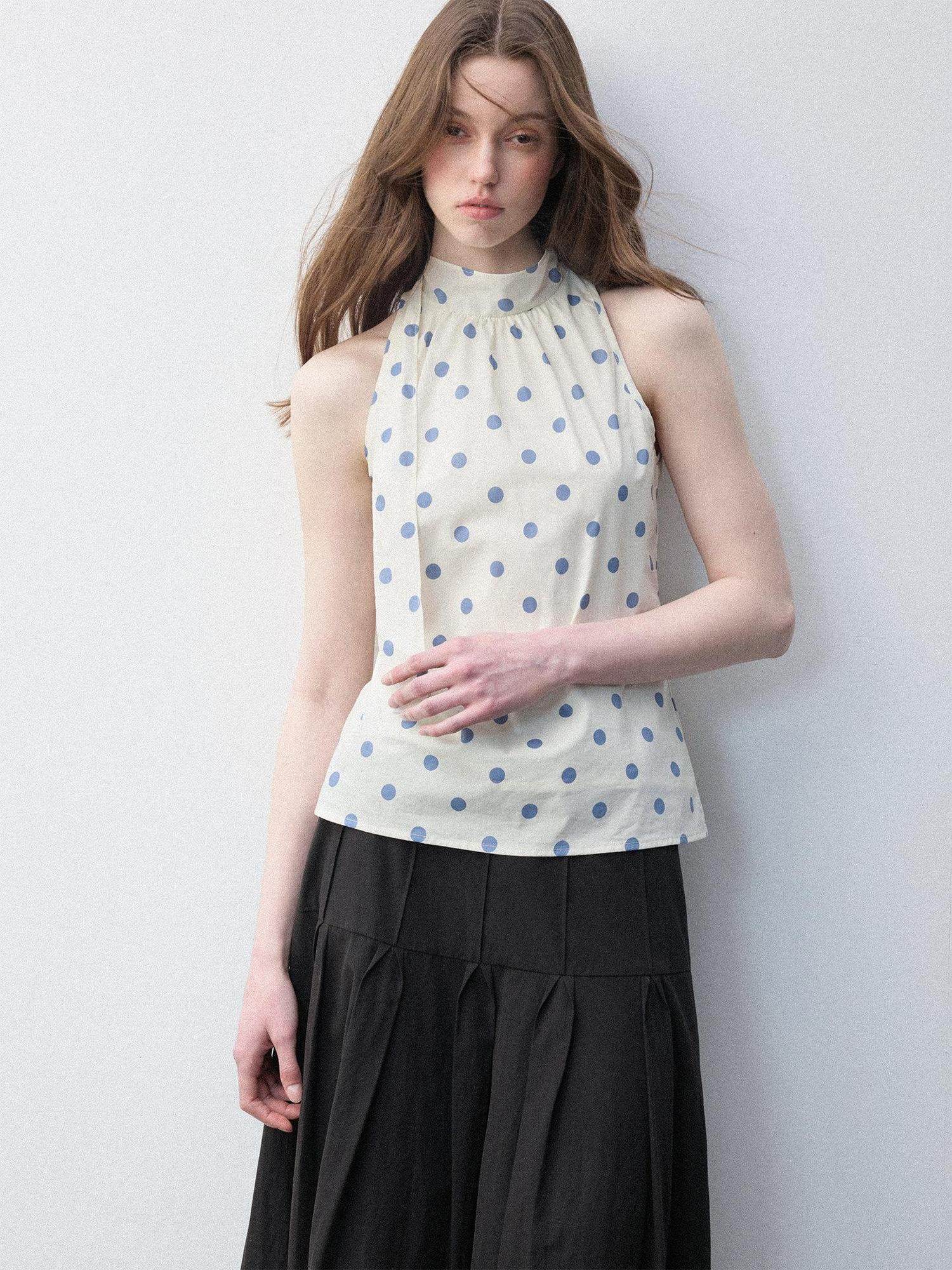 Luamoss Pure Cotton Polka Dot Halter High Neck No Pad Women Off White Tank Tops