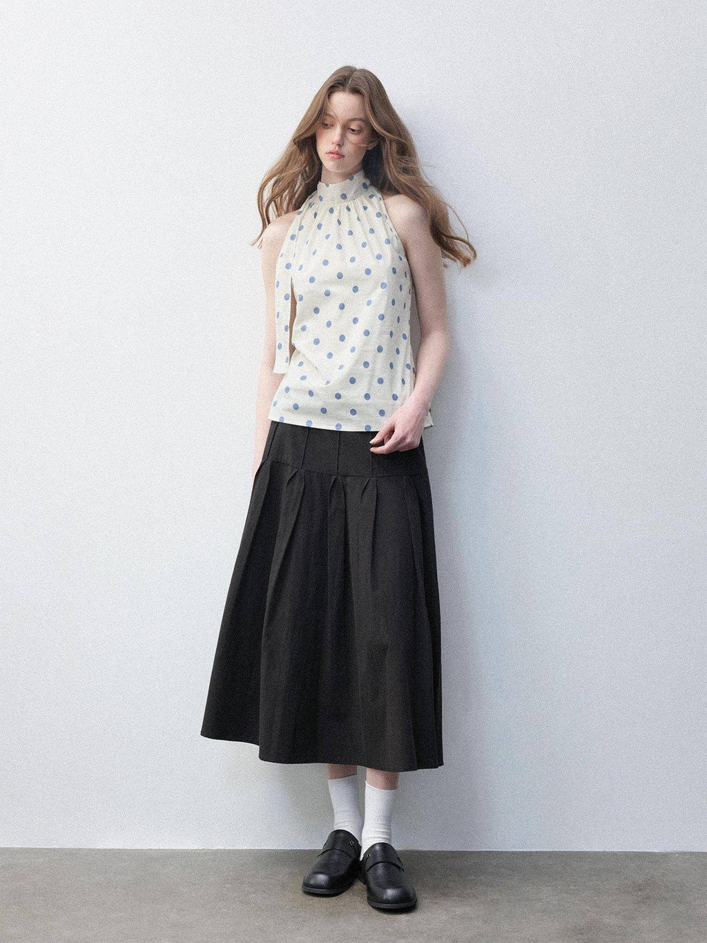 Luamoss Pure Cotton Polka Dot Halter High Neck No Pad Women Off White Tank Tops