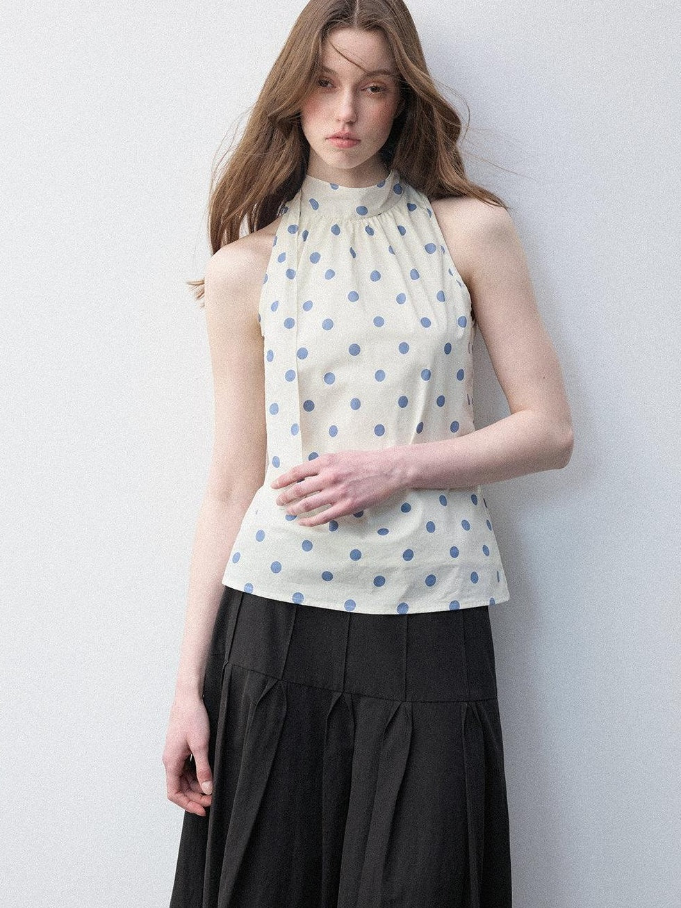 Luamoss Pure Cotton Polka Dot Halter High Neck No Pad Women Off White Tank Tops