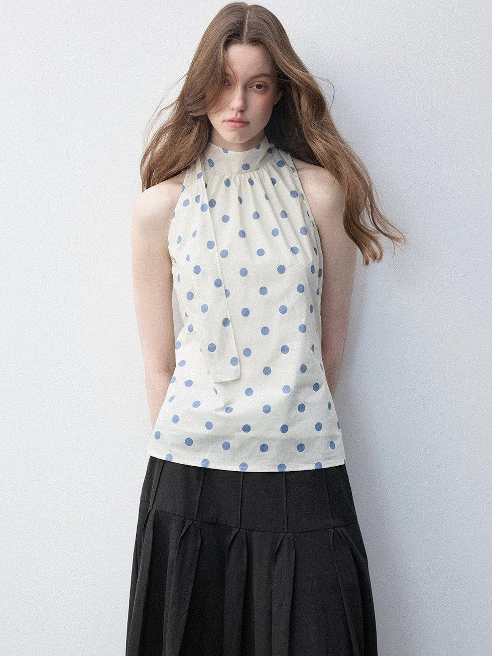 Luamoss Pure Cotton Polka Dot Halter High Neck No Pad Women Off White Tank Tops
