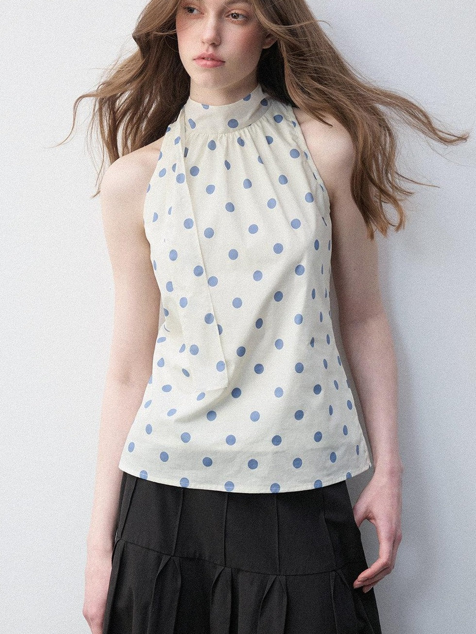Luamoss Pure Cotton Polka Dot Halter High Neck No Pad Women Off White Tank Tops