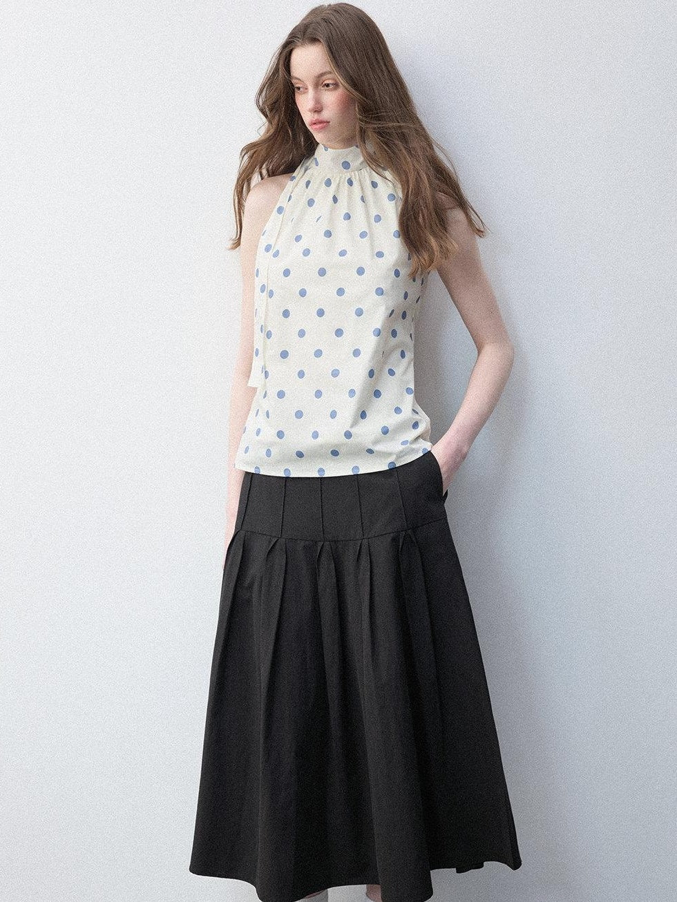 Luamoss Pure Cotton Polka Dot Halter High Neck No Pad Women Off White Tank Tops