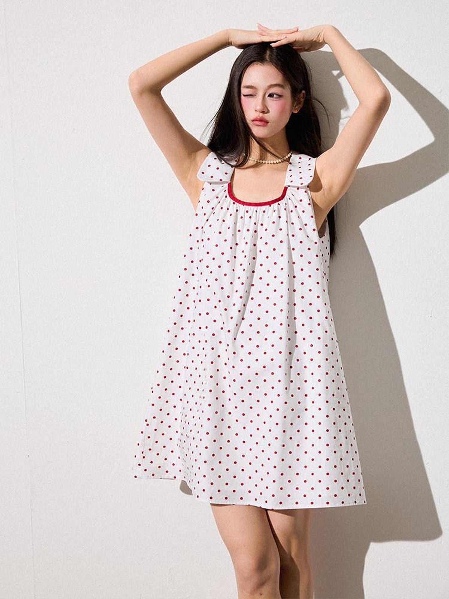 Luamoss Pure Cotton Polka Dot Halter Neck H Fit No Waistline Youth Mini Dresses