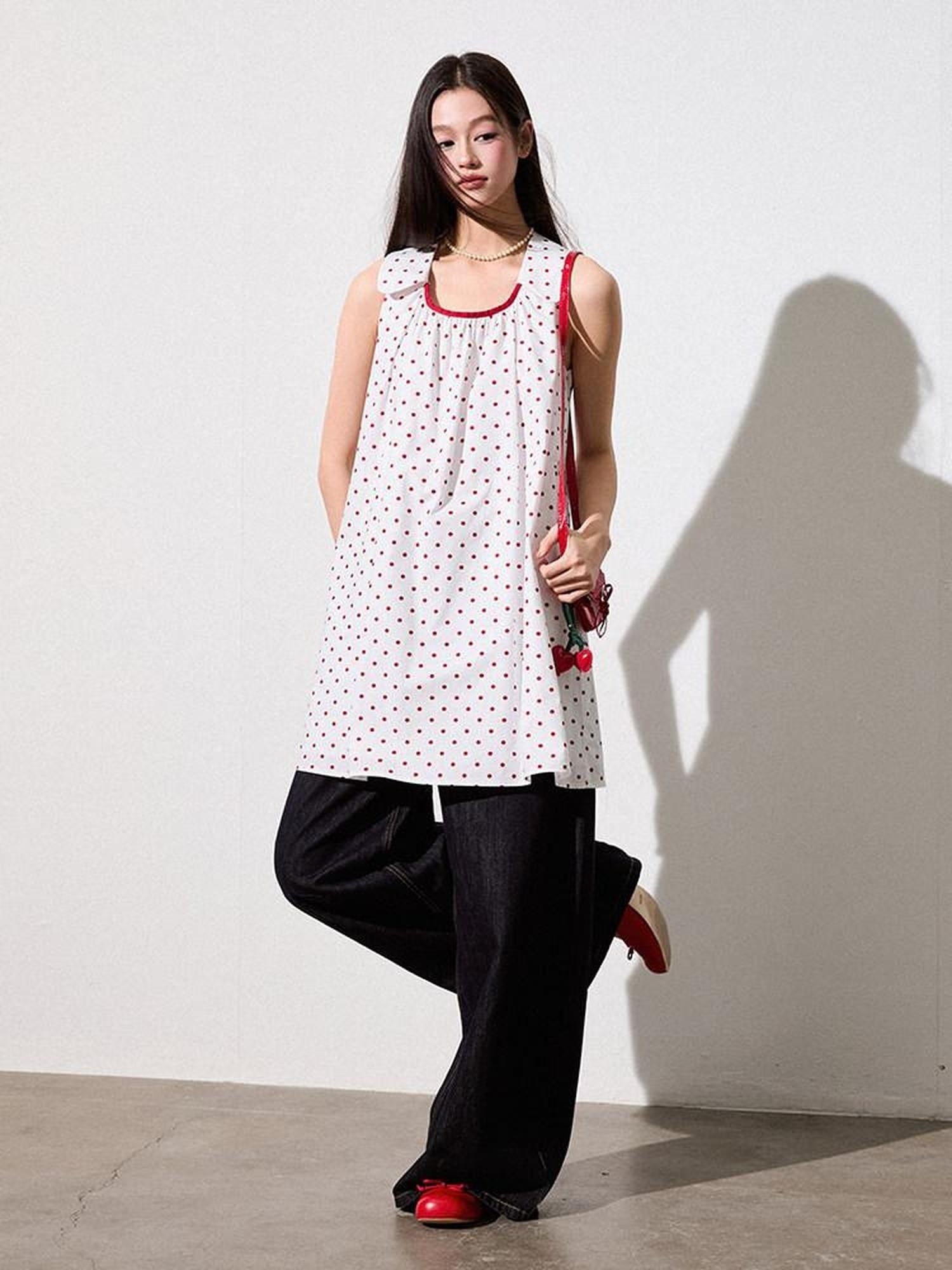 Luamoss Pure Cotton Polka Dot Halter Neck H Fit No Waistline Youth Mini Dresses