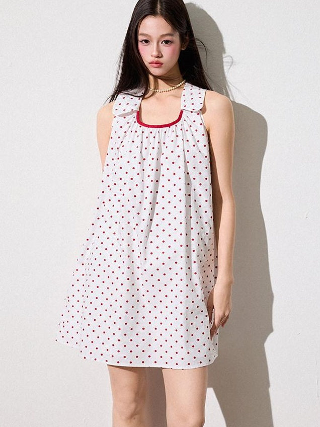 Luamoss Pure Cotton Polka Dot Halter Neck H Fit No Waistline Youth Mini Dresses