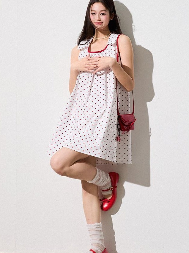 Luamoss Pure Cotton Polka Dot Halter Neck H Fit No Waistline Youth Mini Dresses