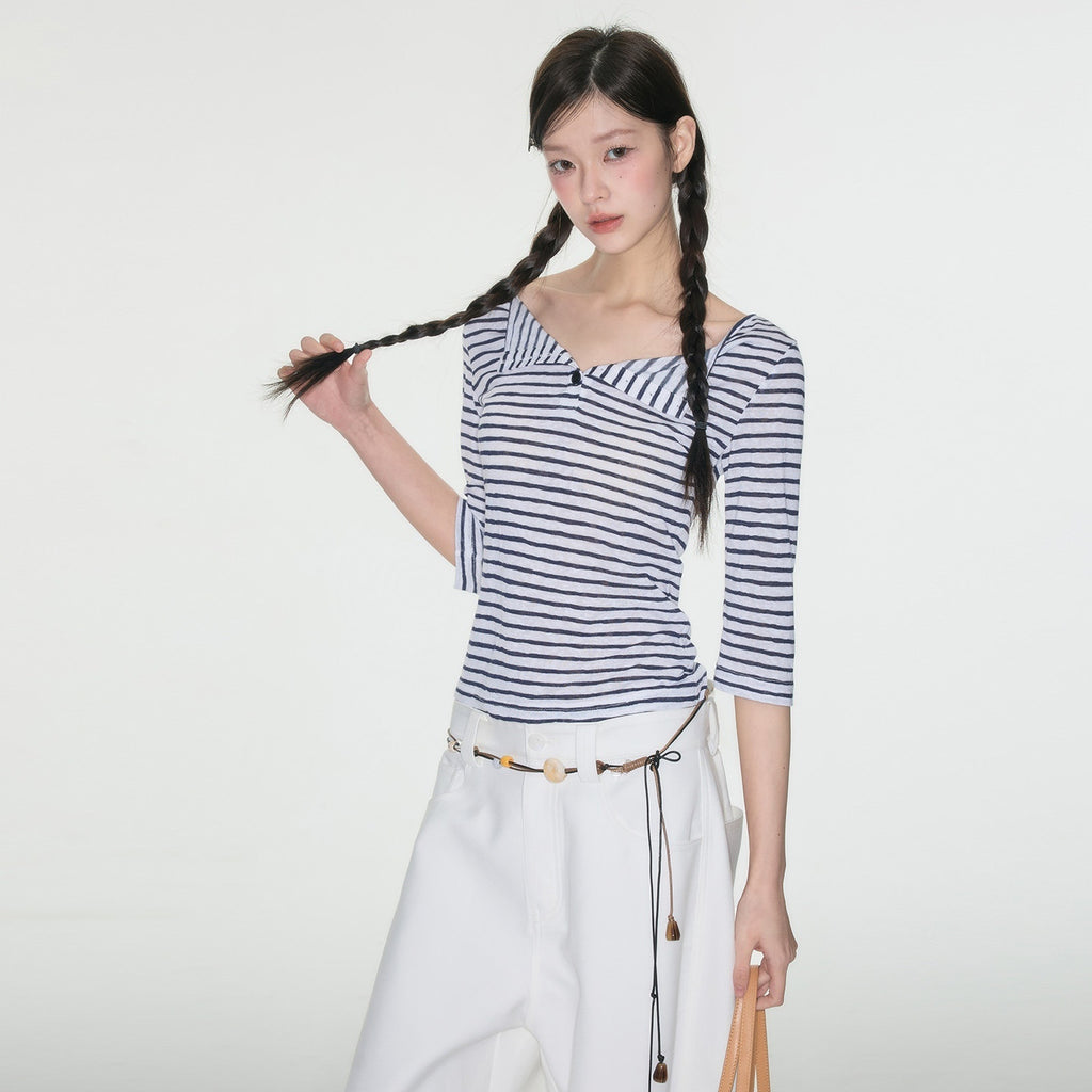 Luamoss_Quick_Dry_Korean_Slim_Navy_Stripe_V-neck_Women_Polycotton_Long_Sleeve_T-Shirts_MISSTT