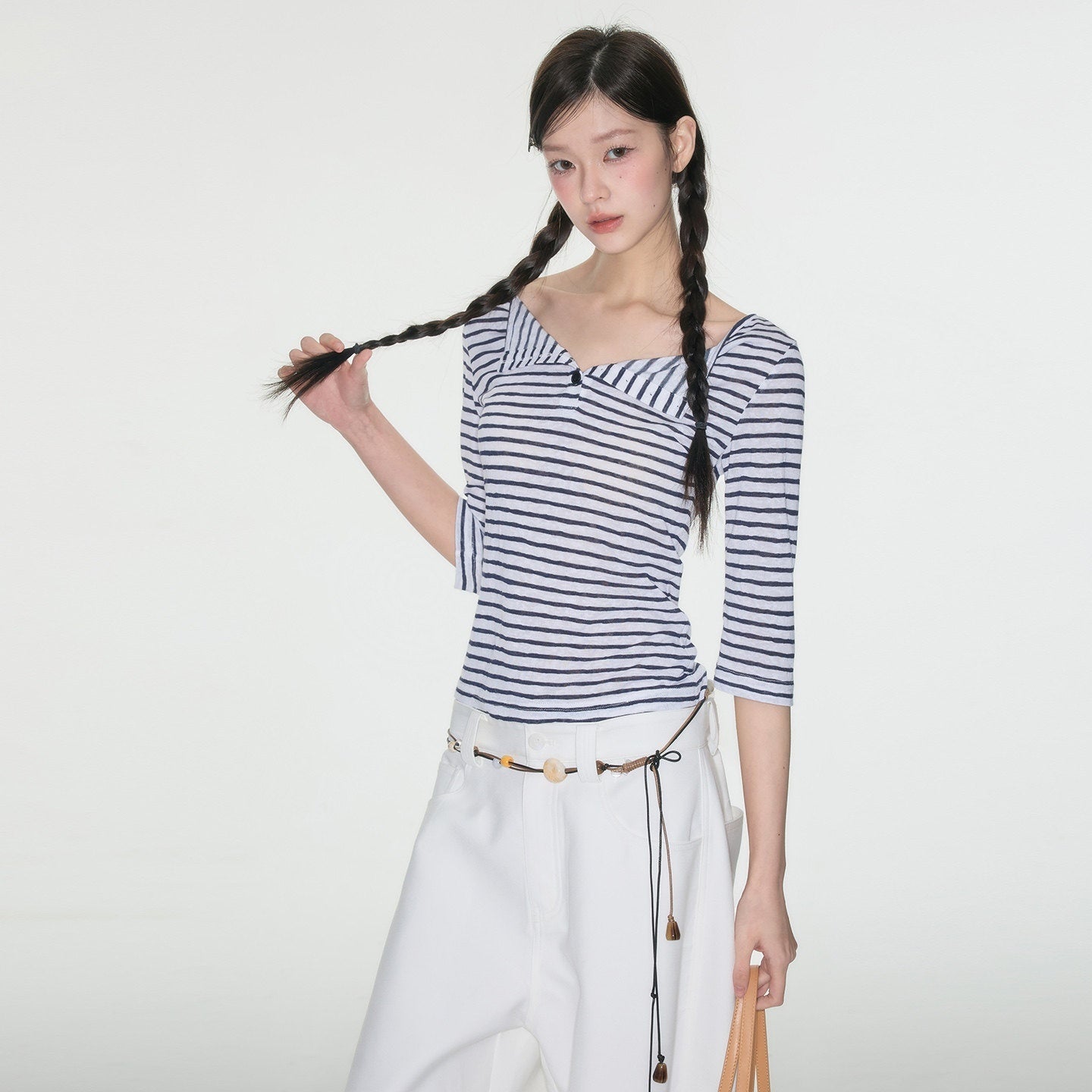 Luamoss_Quick_Dry_Korean_Slim_Navy_Stripe_V-neck_Women_Polycotton_Long_Sleeve_T-Shirts_MISSTT