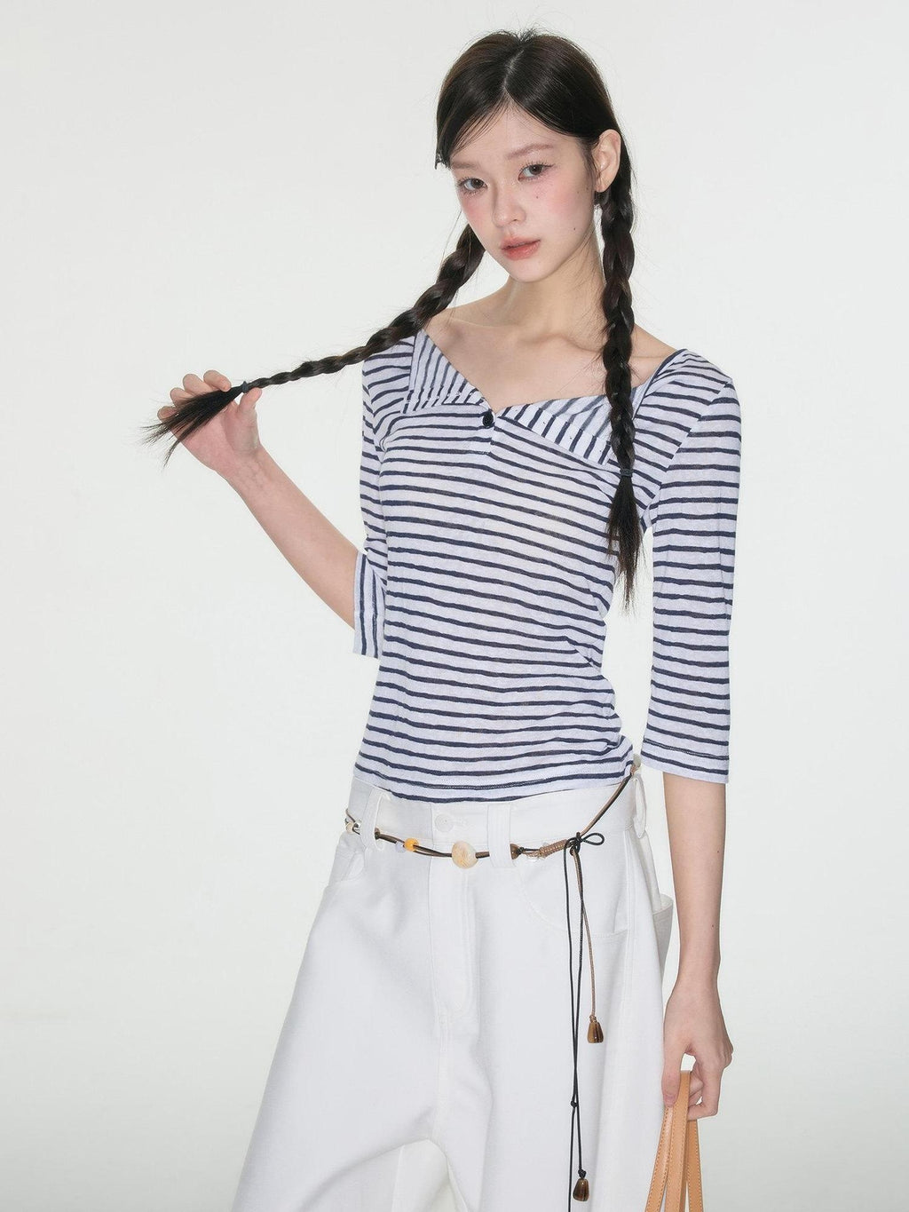 Luamoss Quick Dry Korean Slim Navy Stripe V-neck Women Polycotton Long Sleeve T-Shirts