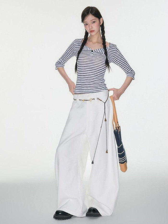 Luamoss Quick Dry Korean Slim Navy Stripe V-neck Women Polycotton Long Sleeve T-Shirts