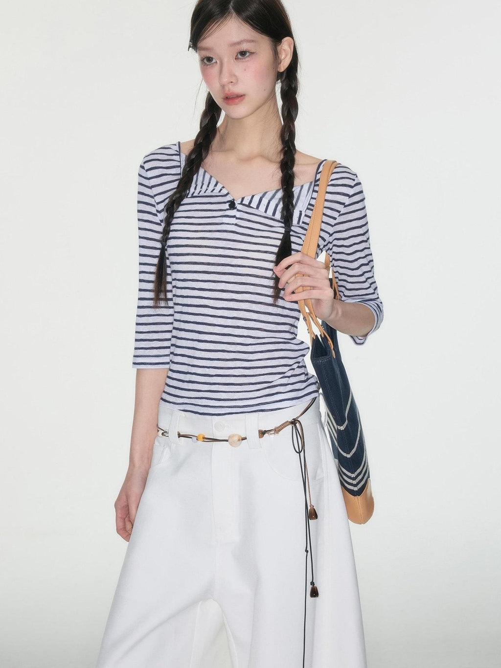 Luamoss Quick Dry Korean Slim Navy Stripe V-neck Women Polycotton Long Sleeve T-Shirts