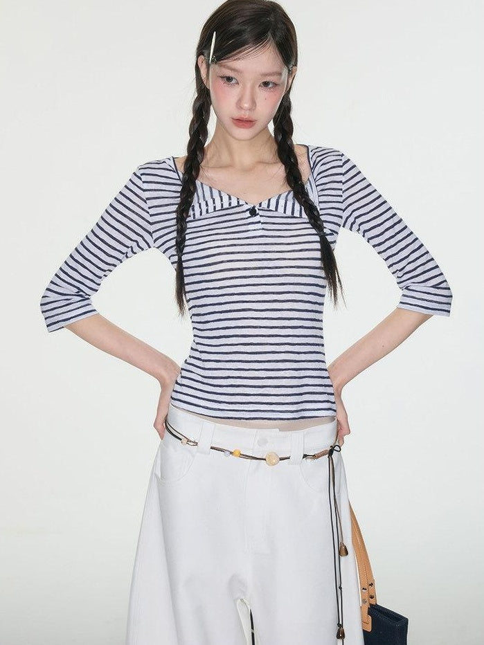 Luamoss Quick Dry Korean Slim Navy Stripe V-neck Women Polycotton Long Sleeve T-Shirts