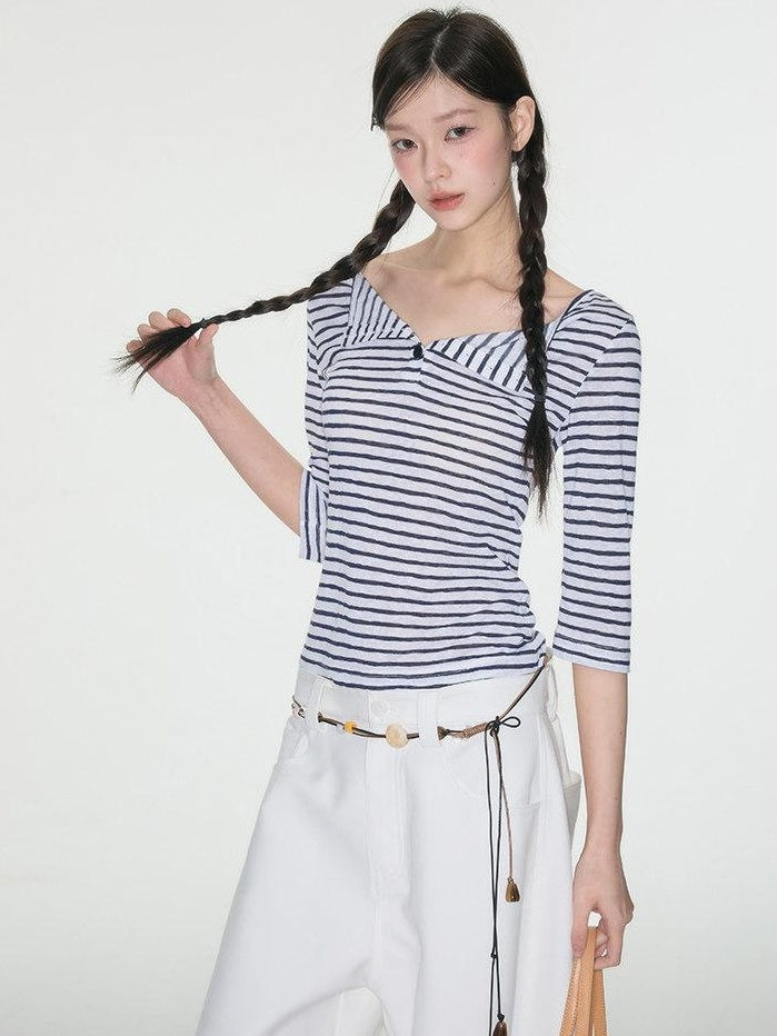 Luamoss Quick Dry Korean Slim Navy Stripe V-neck Women Polycotton Long Sleeve T-Shirts