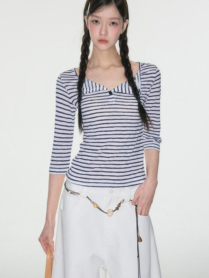Luamoss Quick Dry Korean Slim Navy Stripe V-neck Women Polycotton Long Sleeve T-Shirts