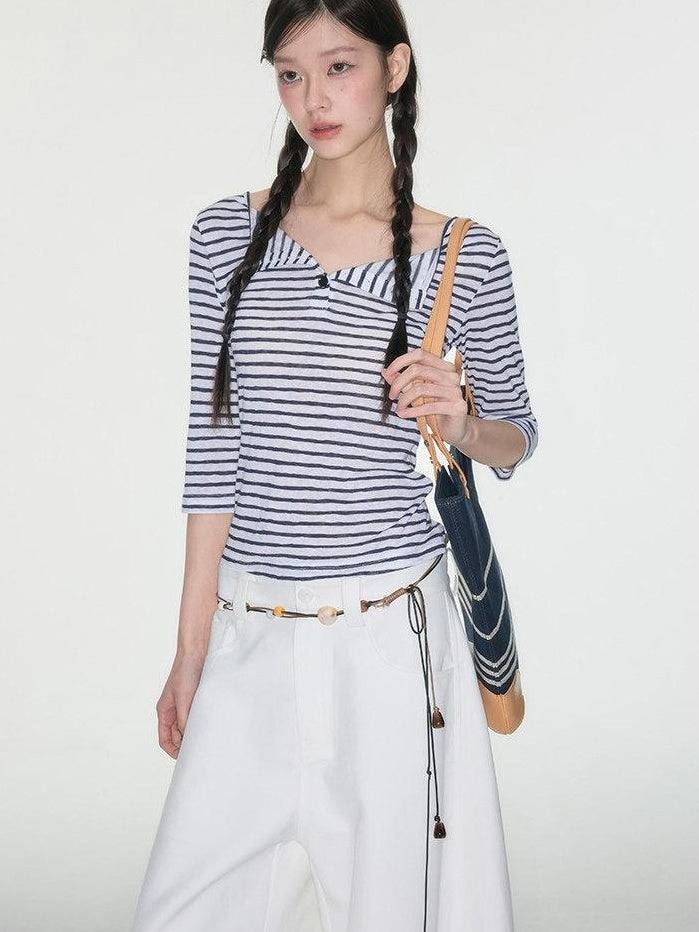Luamoss Quick Dry Korean Slim Navy Stripe V-neck Women Polycotton Long Sleeve T-Shirts