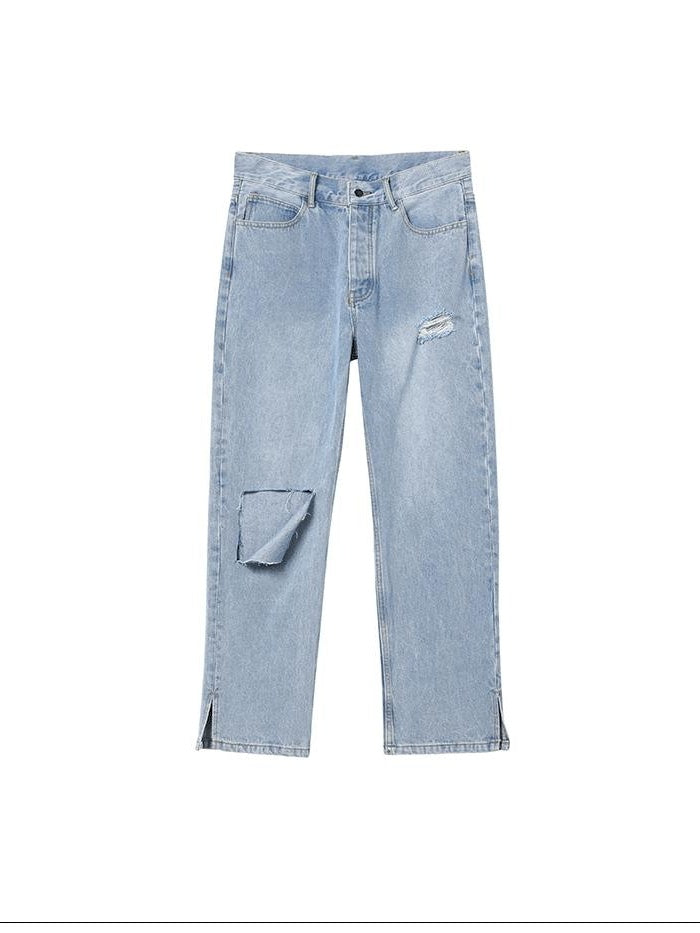 Luamoss Raw Hem Light Blue Mid Rise Loose Straight Casual Youth Denim Straight Leg Jeans