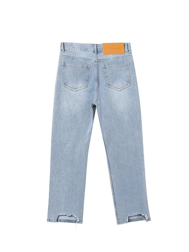 Luamoss Raw Hem Light Blue Mid Rise Loose Straight Casual Youth Denim Straight Leg Jeans