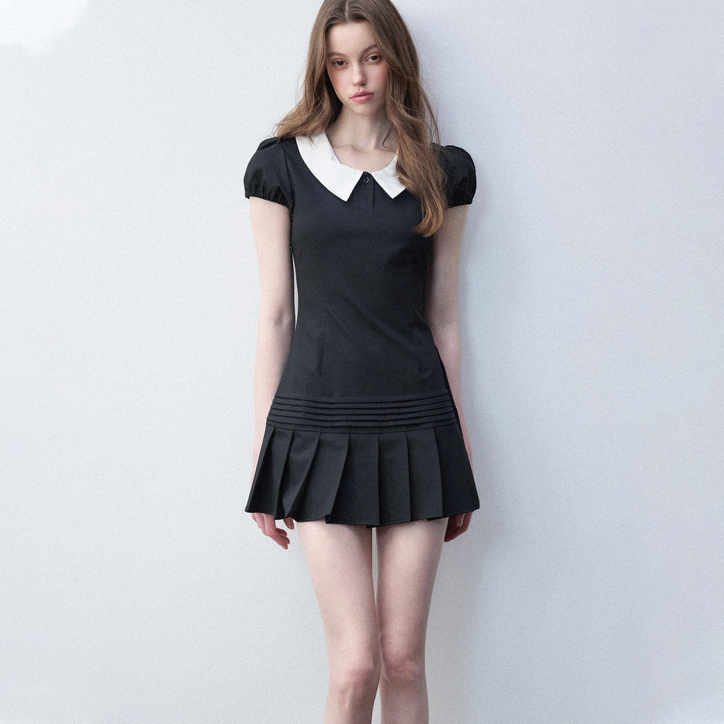 Luamoss_Rayon_Puff_Sleeve_Shirt_Dress_Doll_Collar_Slim_College_Starry_Black_Mini_Dresses_MISSTT