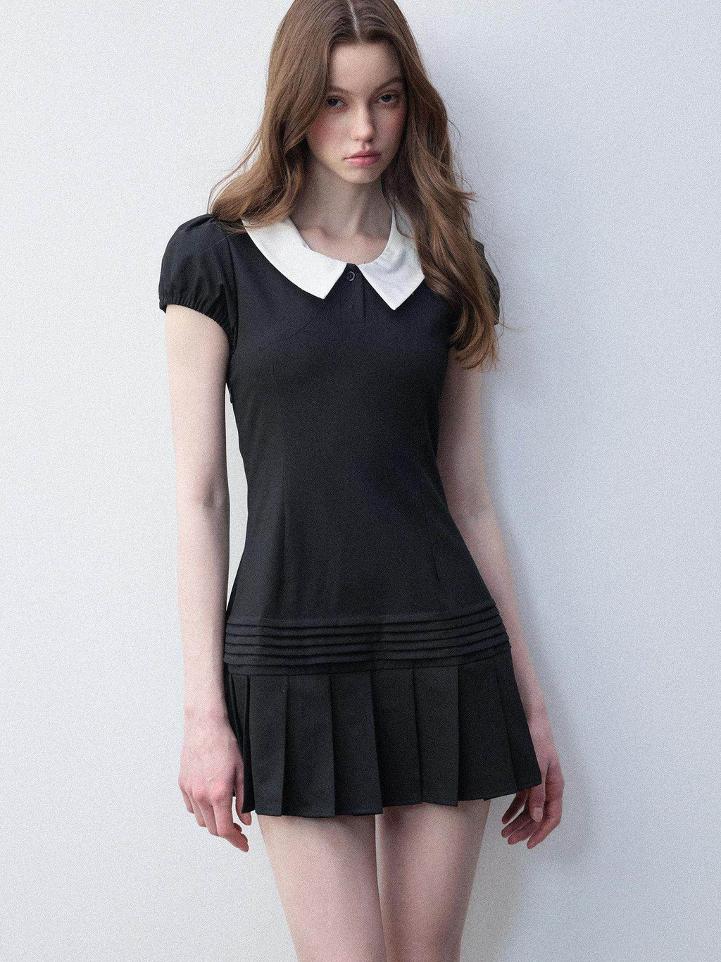 Luamoss Rayon Puff Sleeve Shirt Dress Doll Collar Slim College Starry Black Mini Dresses