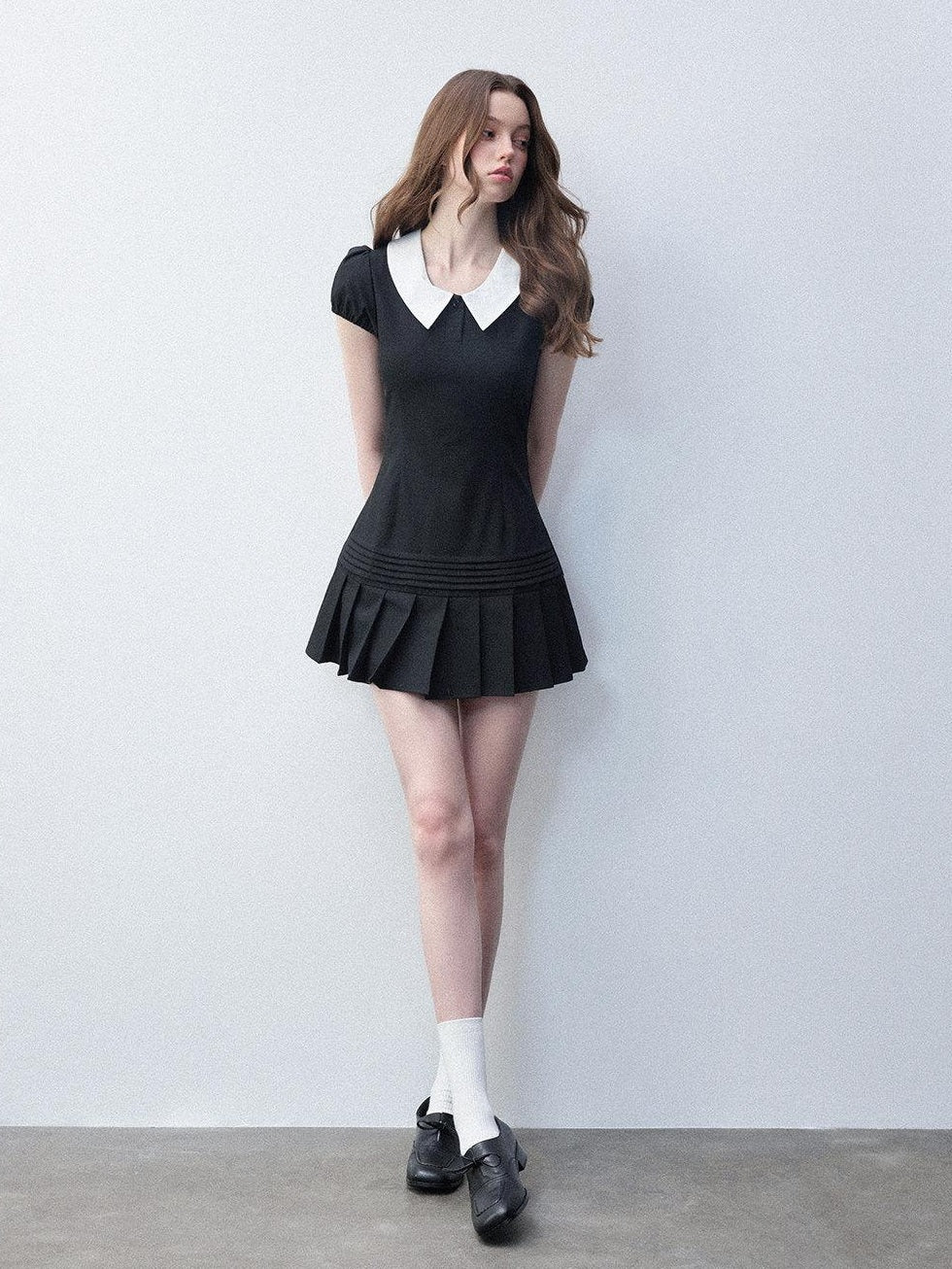 Luamoss Rayon Puff Sleeve Shirt Dress Doll Collar Slim College Starry Black Mini Dresses
