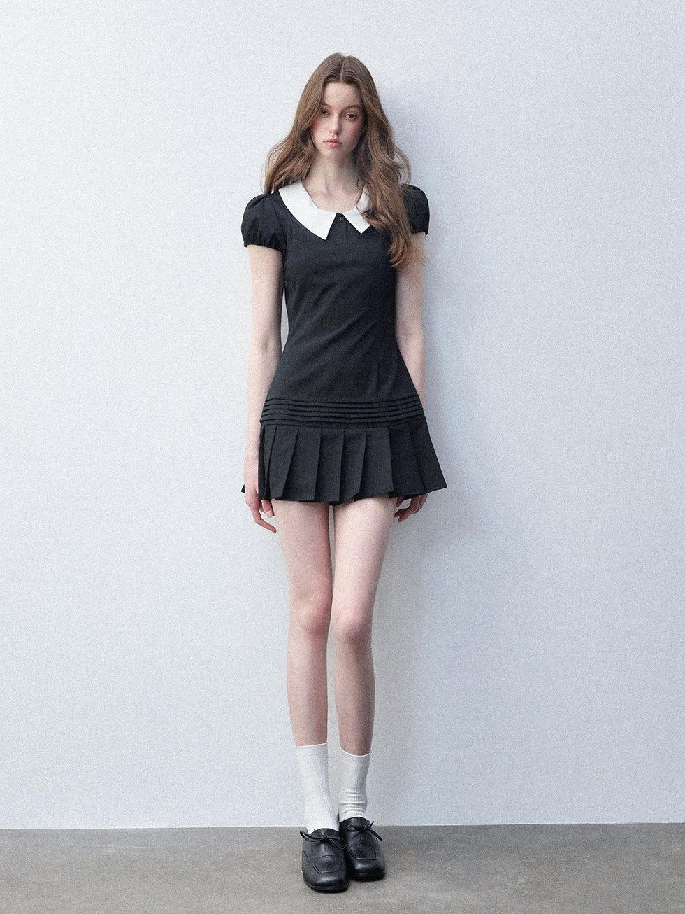 Luamoss Rayon Puff Sleeve Shirt Dress Doll Collar Slim College Starry Black Mini Dresses