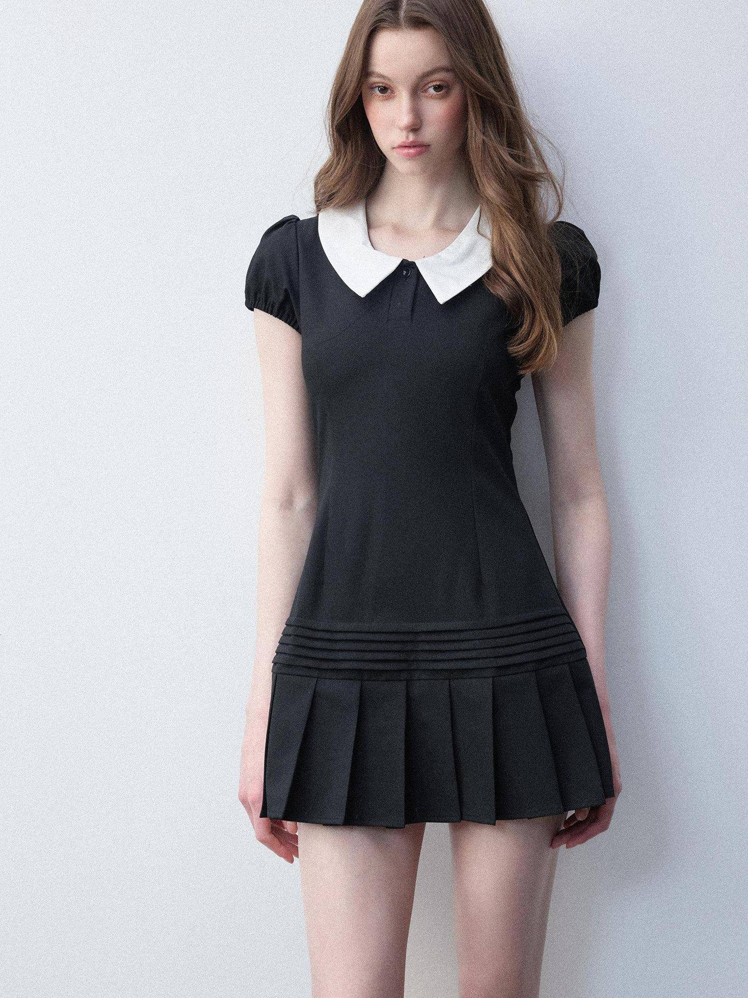 Luamoss Rayon Puff Sleeve Shirt Dress Doll Collar Slim College Starry Black Mini Dresses