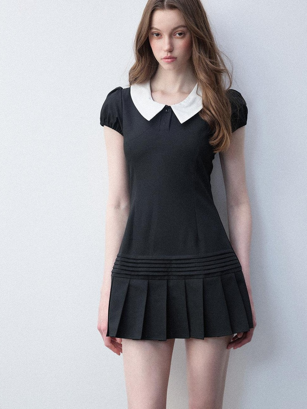 Luamoss Rayon Puff Sleeve Shirt Dress Doll Collar Slim College Starry Black Mini Dresses