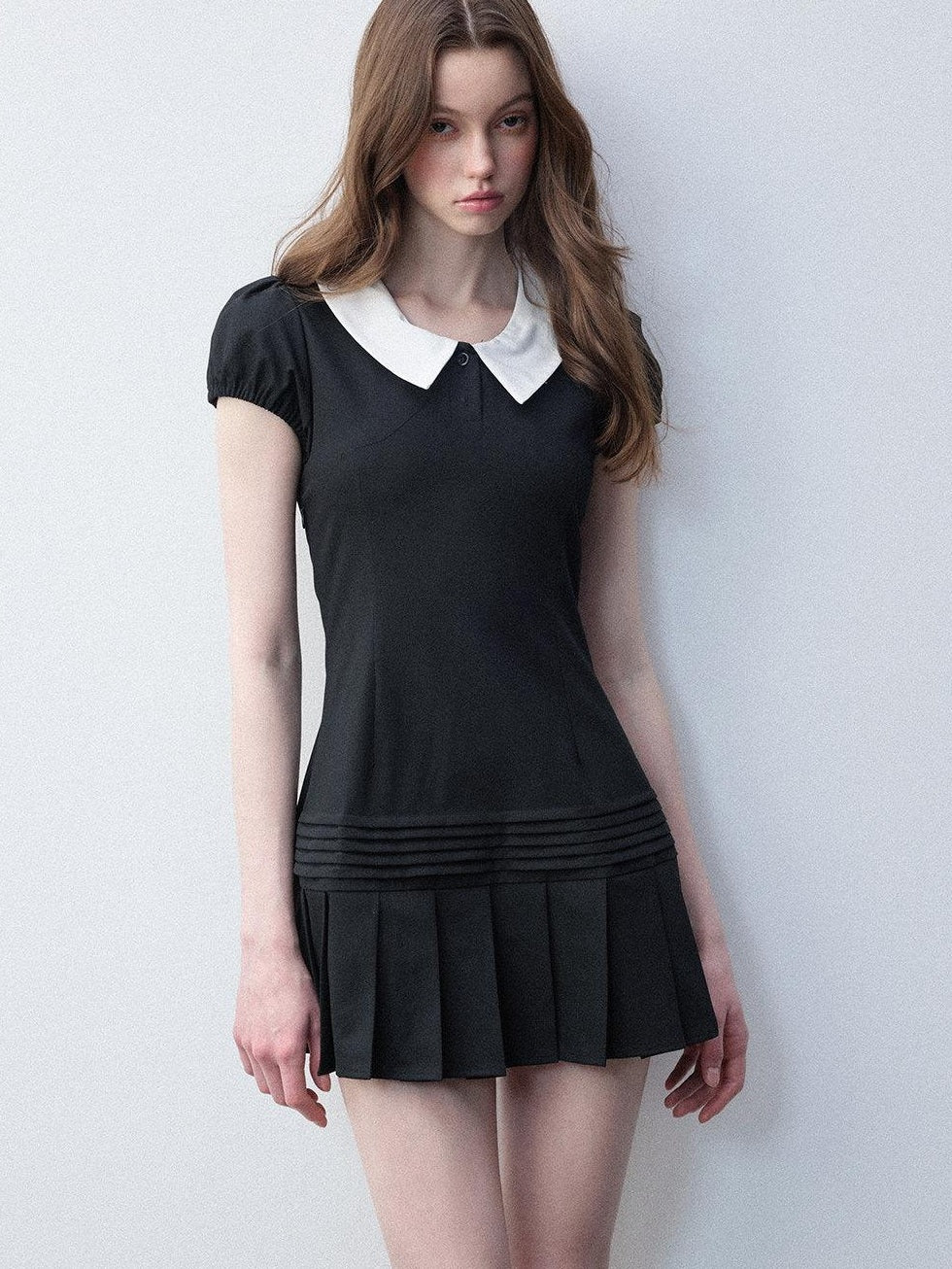 Luamoss Rayon Puff Sleeve Shirt Dress Doll Collar Slim College Starry Black Mini Dresses