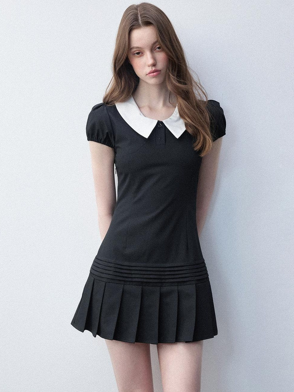 Luamoss Rayon Puff Sleeve Shirt Dress Doll Collar Slim College Starry Black Mini Dresses