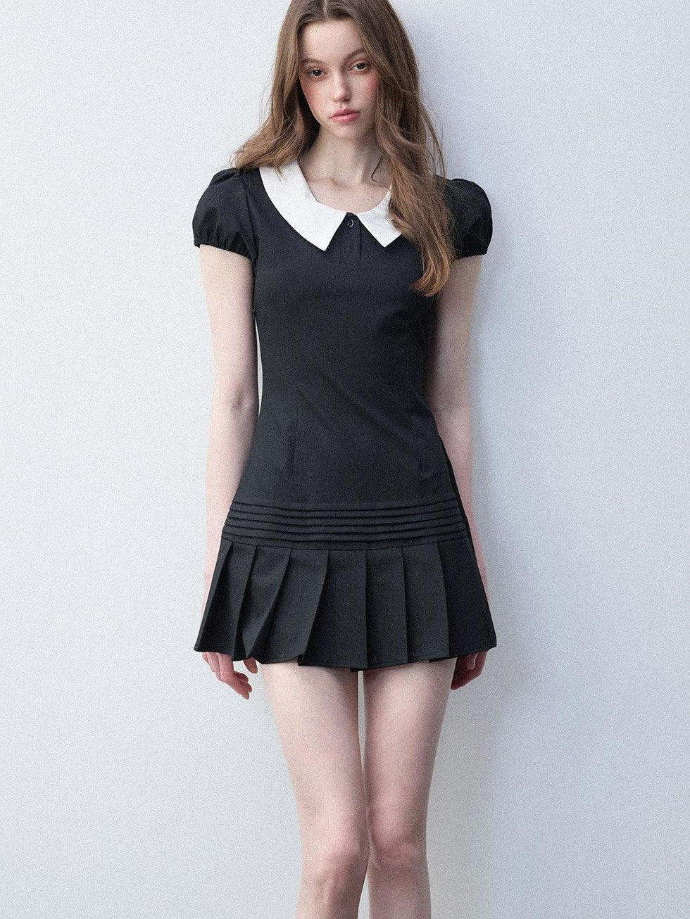 Luamoss Rayon Puff Sleeve Shirt Dress Doll Collar Slim College Starry Black Mini Dresses