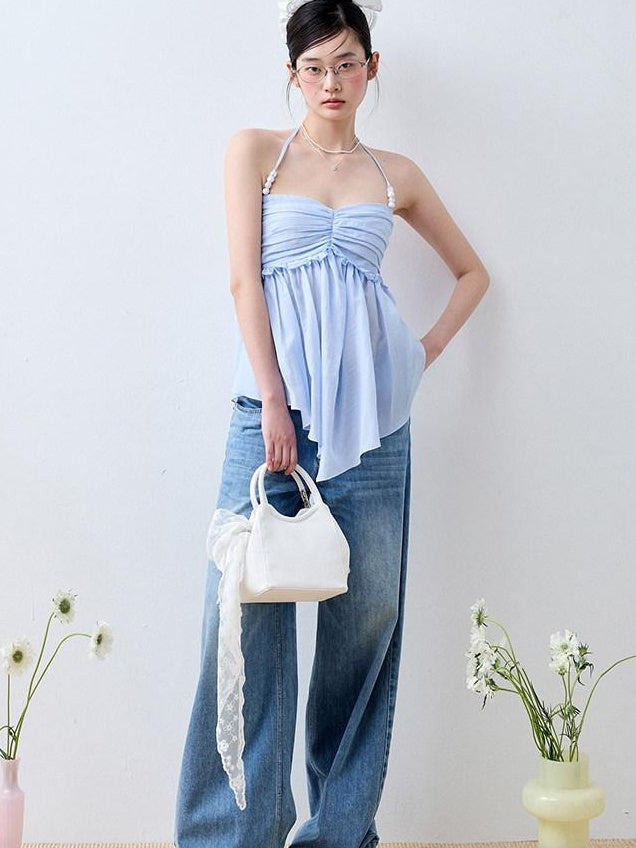 Luamoss Recycled Rayon Striped Tie Halter Slim Fit Korean Casual Sea Salt Blue Camisoles