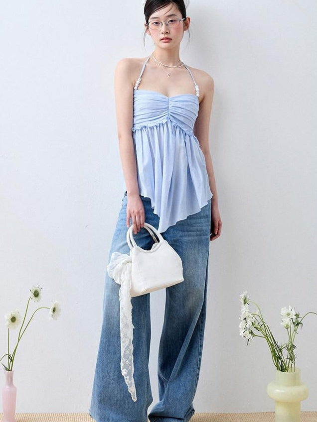 Luamoss Recycled Rayon Striped Tie Halter Slim Fit Korean Casual Sea Salt Blue Camisoles