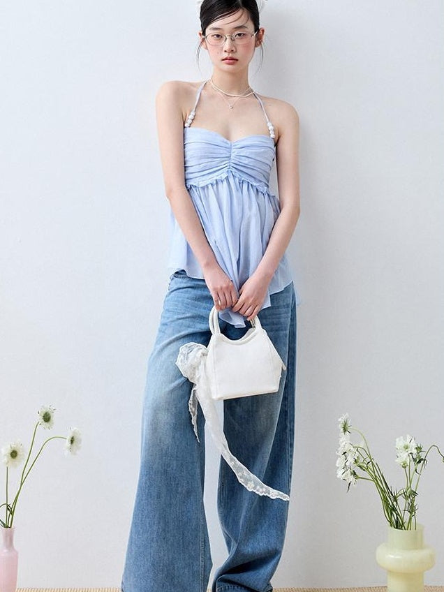 Luamoss Recycled Rayon Striped Tie Halter Slim Fit Korean Casual Sea Salt Blue Camisoles