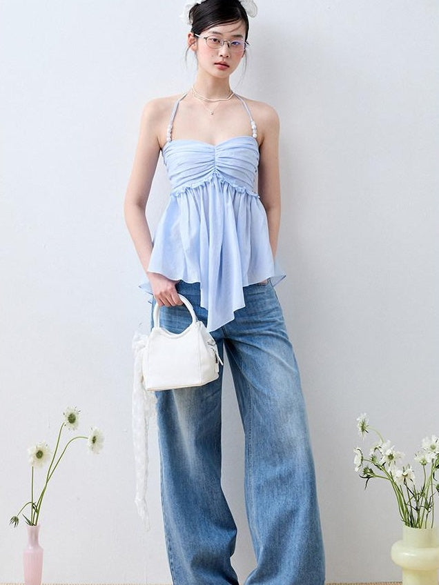 Luamoss Recycled Rayon Striped Tie Halter Slim Fit Korean Casual Sea Salt Blue Camisoles