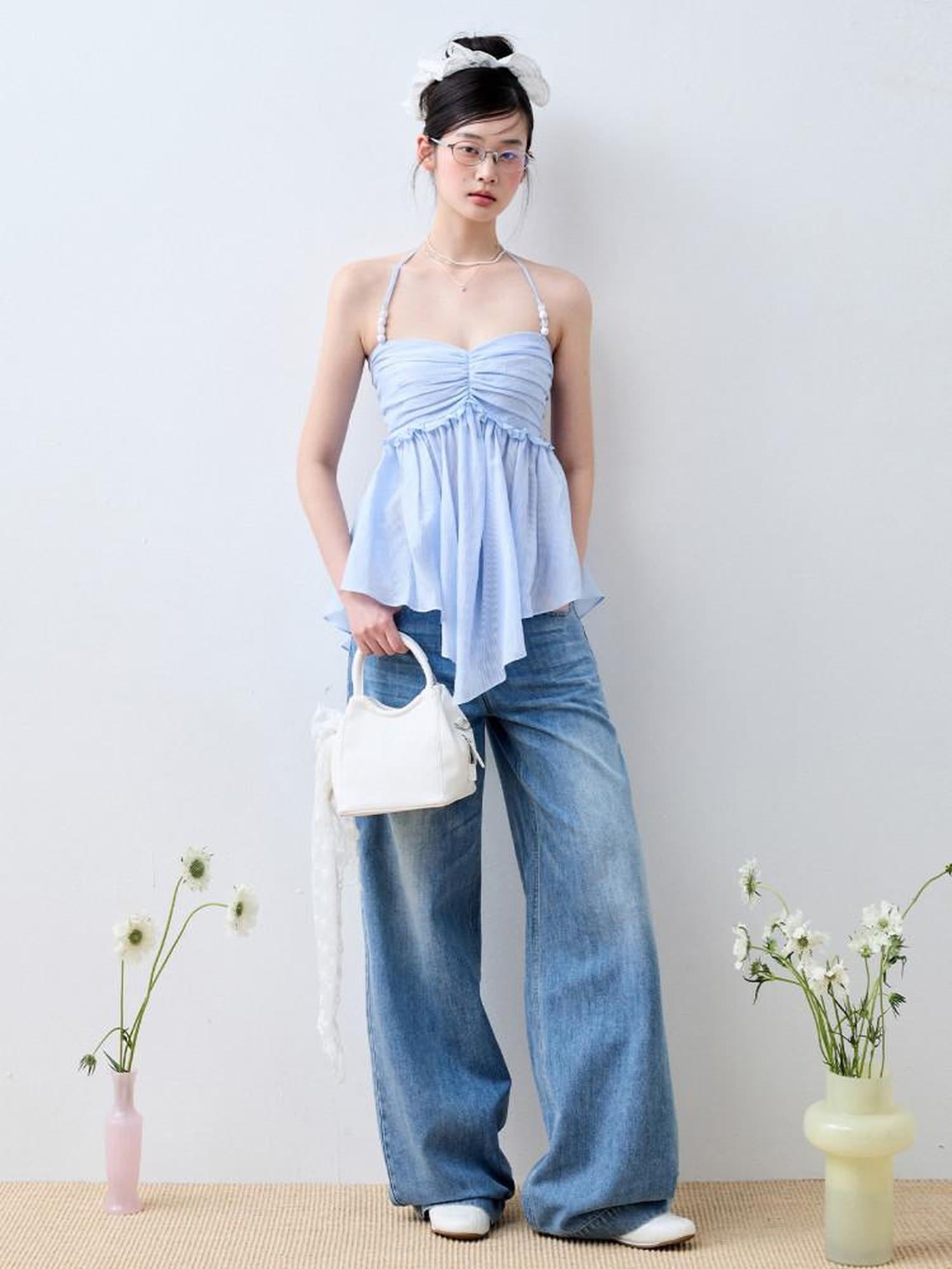 Luamoss Recycled Rayon Striped Tie Halter Slim Fit Korean Casual Sea Salt Blue Camisoles