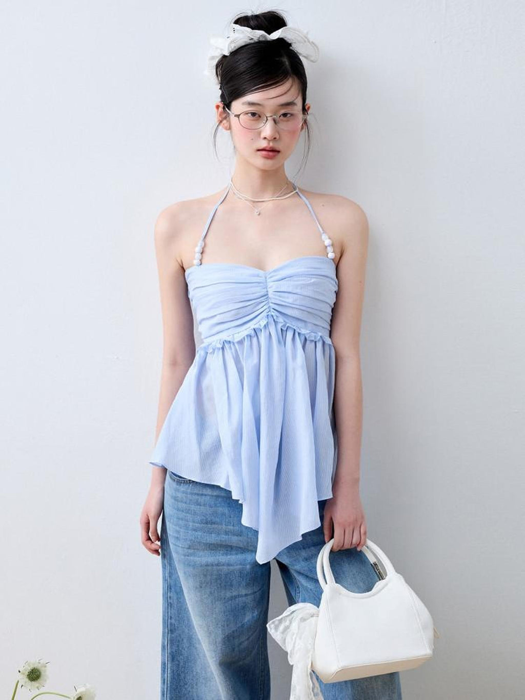 Luamoss Recycled Rayon Striped Tie Halter Slim Fit Korean Casual Sea Salt Blue Camisoles