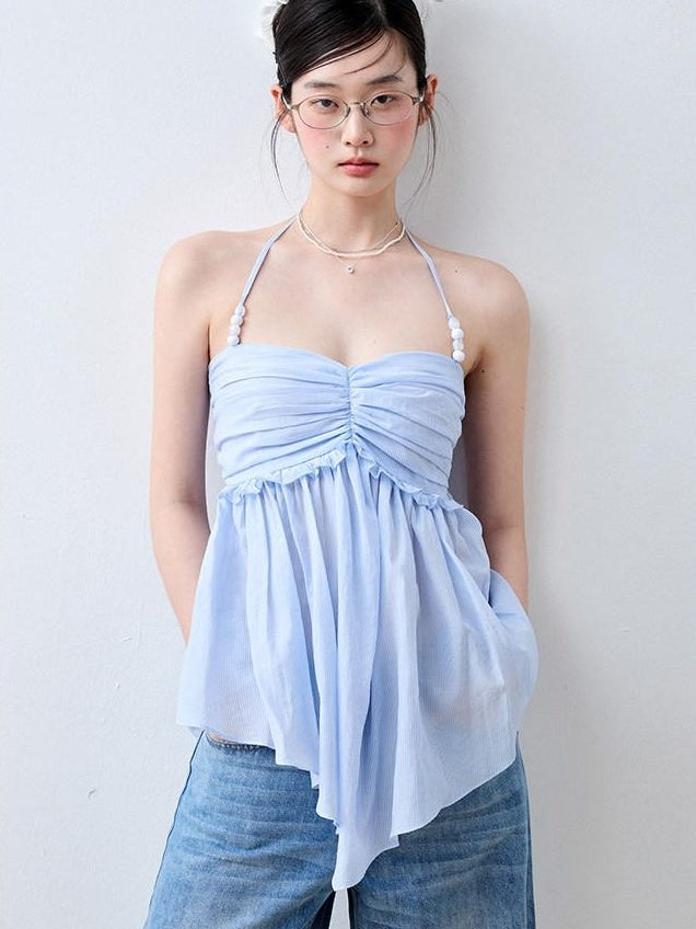Luamoss Recycled Rayon Striped Tie Halter Slim Fit Korean Casual Sea Salt Blue Camisoles