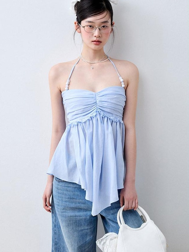 Luamoss Recycled Rayon Striped Tie Halter Slim Fit Korean Casual Sea Salt Blue Camisoles