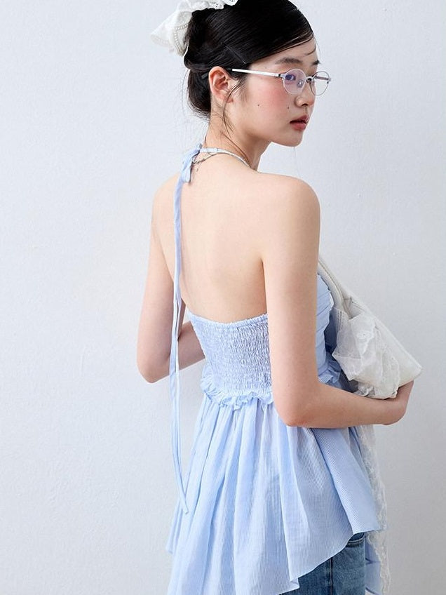 Luamoss Recycled Rayon Striped Tie Halter Slim Fit Korean Casual Sea Salt Blue Camisoles