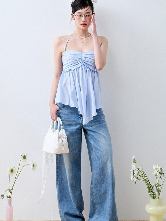 Luamoss Recycled Rayon Striped Tie Halter Slim Fit Korean Casual Sea Salt Blue Camisoles