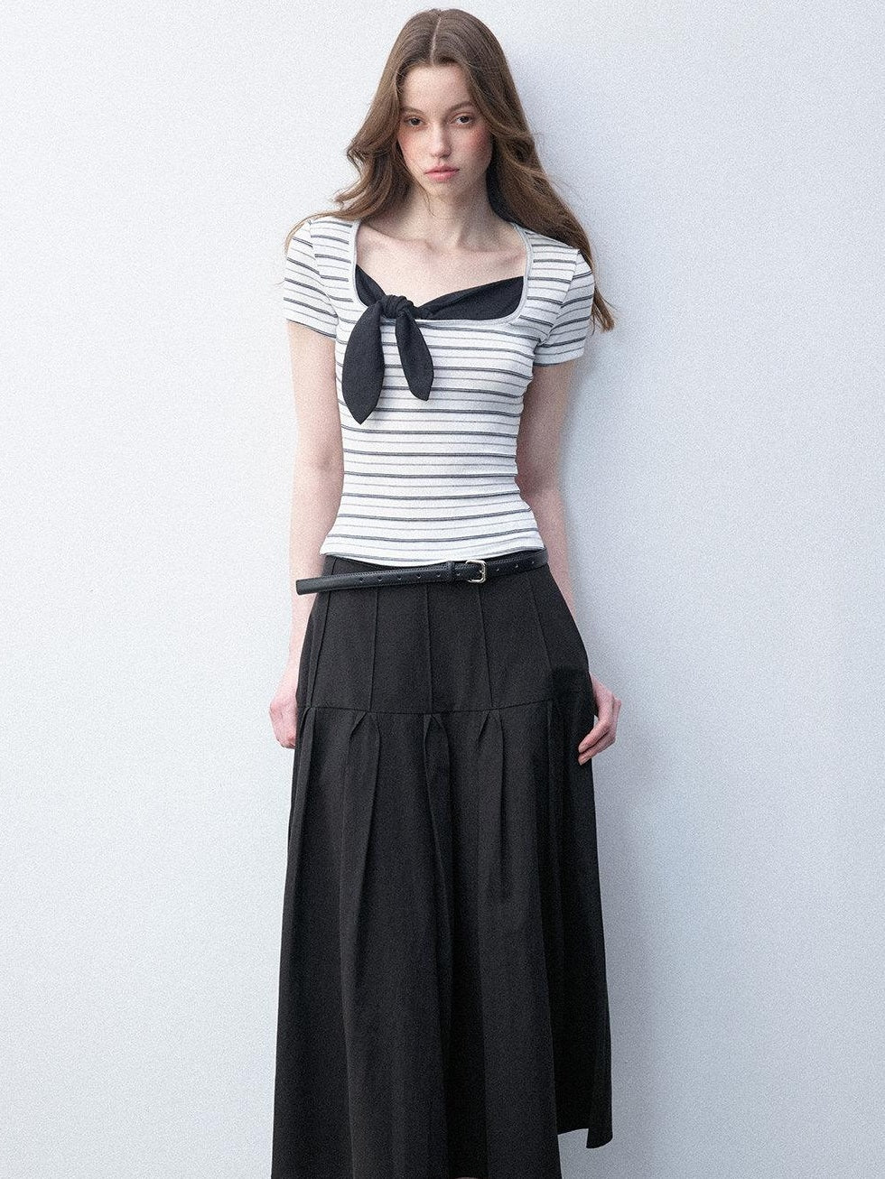 Luamoss Recycled Slim Square Neck White Striped Women Short Sleeve T-Shirts